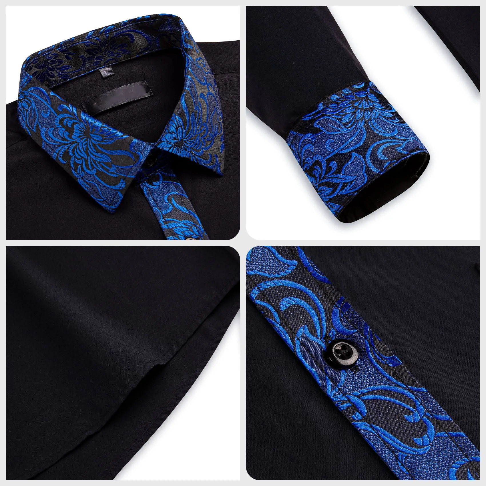 Splicing Style Black with Klein Blue Flower Edge Men's Long Sleeve Shirt