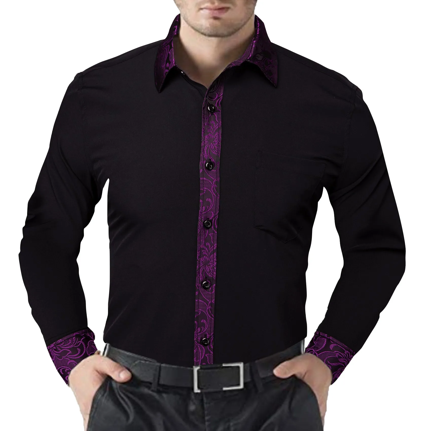 Splicing Style Black with Purple Floral Edge Men's Long Sleeve Shirt