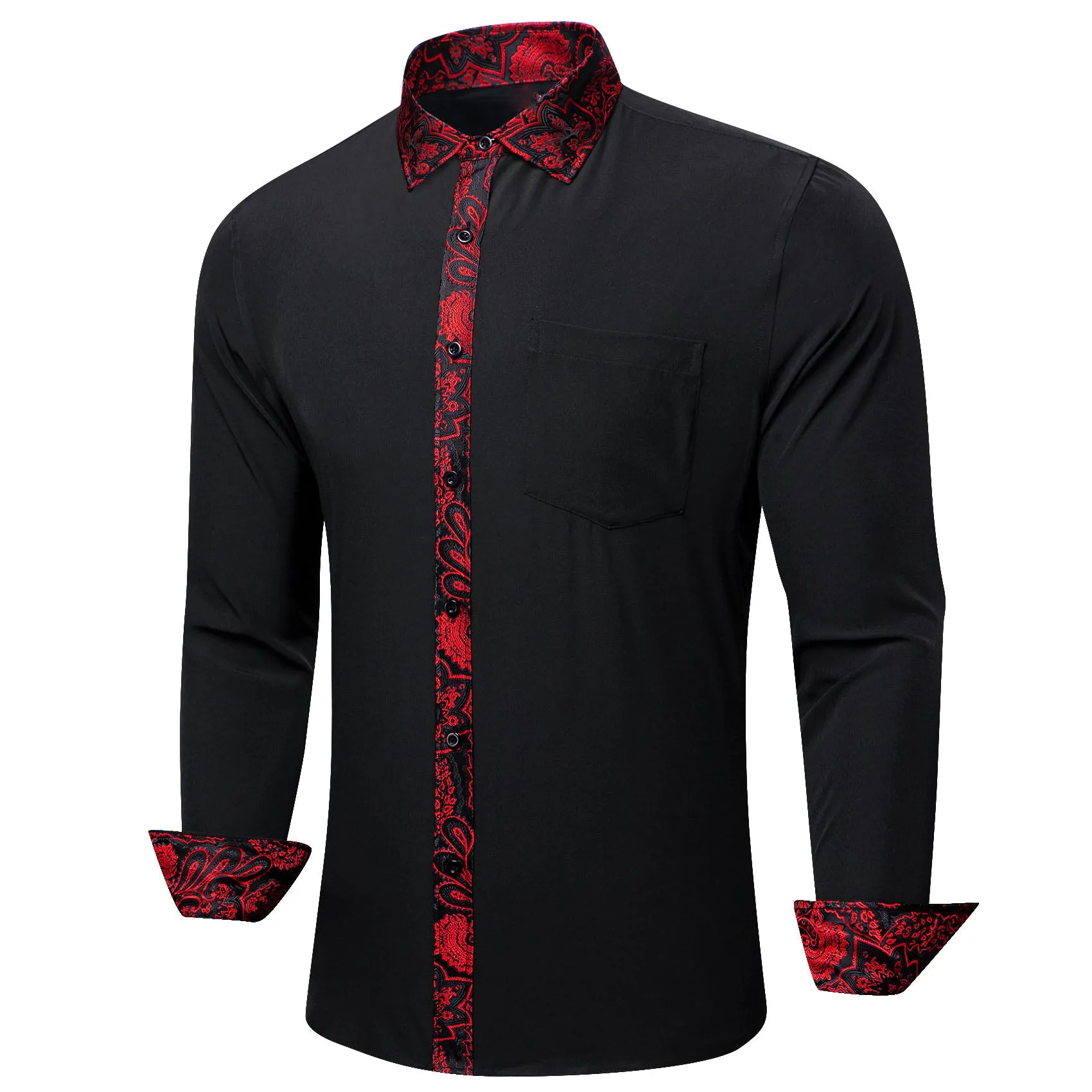 Splicing Style Black with Red Paisley Edge Men Long Sleeve Shirt