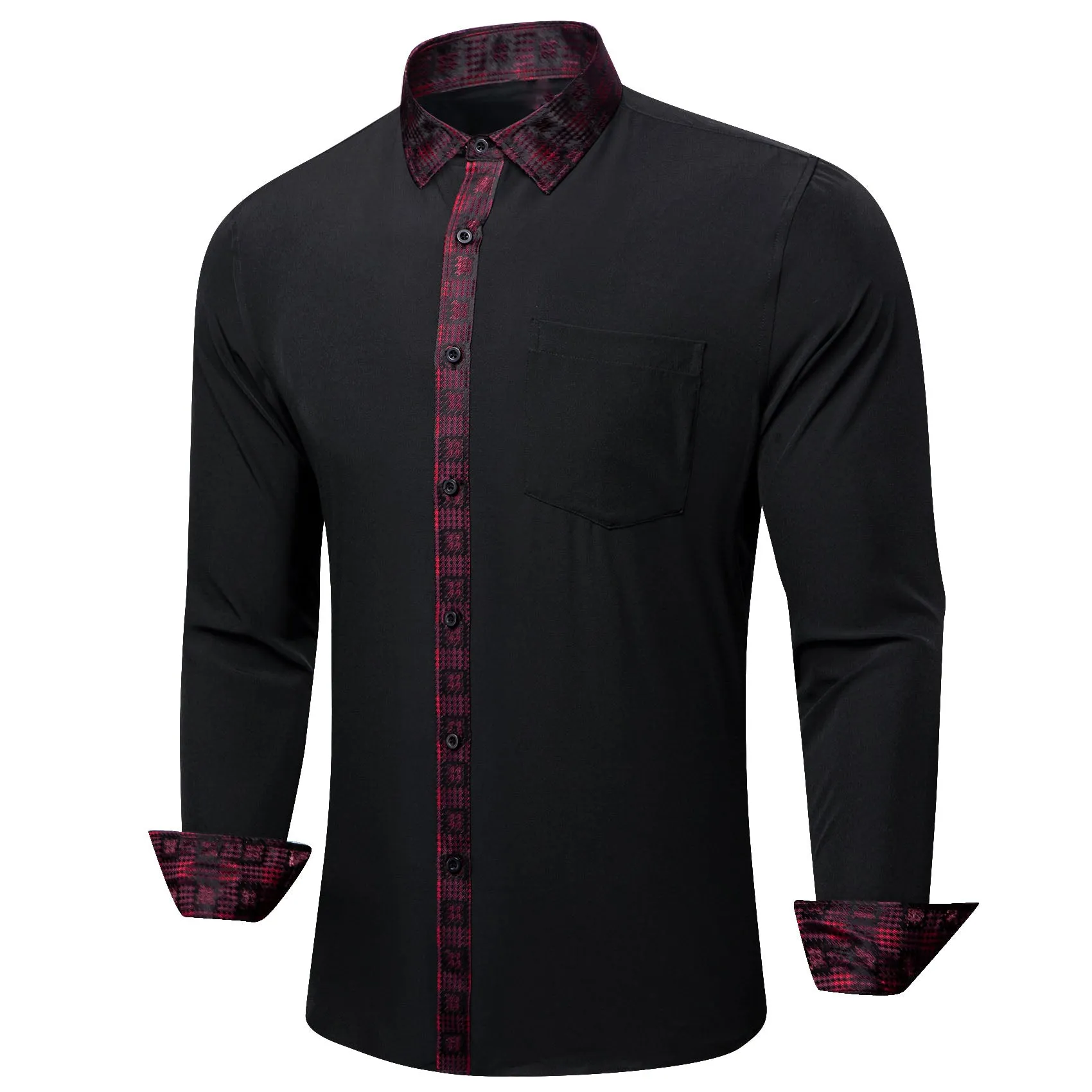 Splicing Style Black with Red Plaid Edge Men's Long Sleeve Shirt