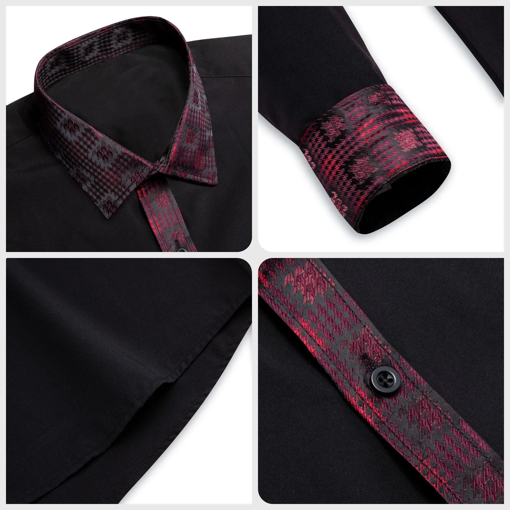 Splicing Style Black with Red Plaid Edge Men's Long Sleeve Shirt