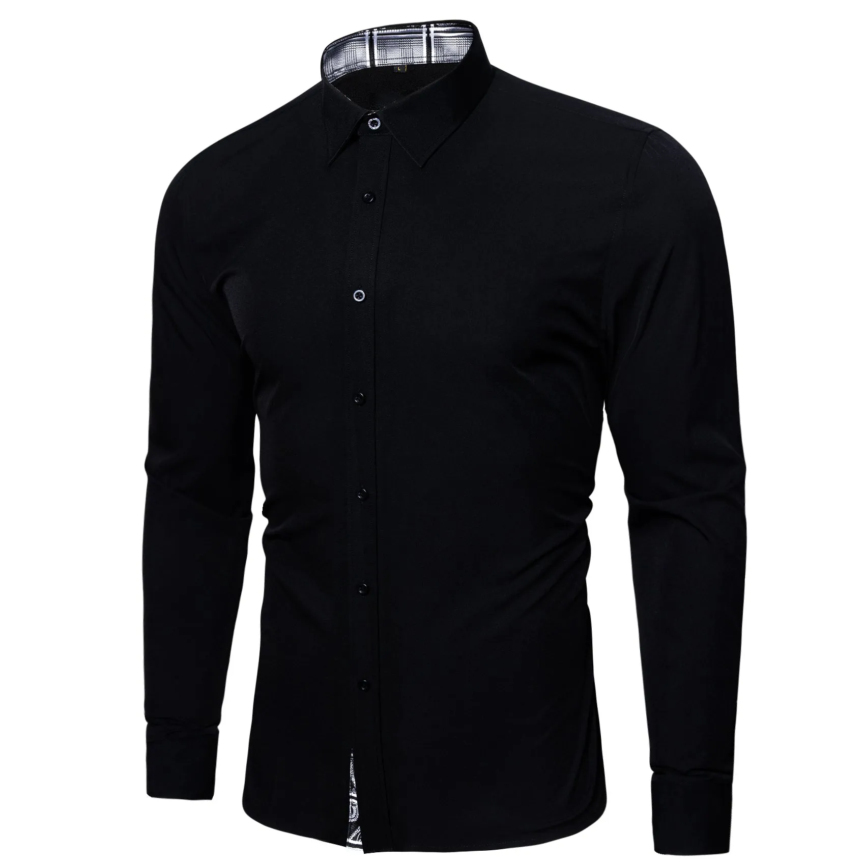 Splicing Style Black with White Plaid Edge Men's Long Sleeve Shirt