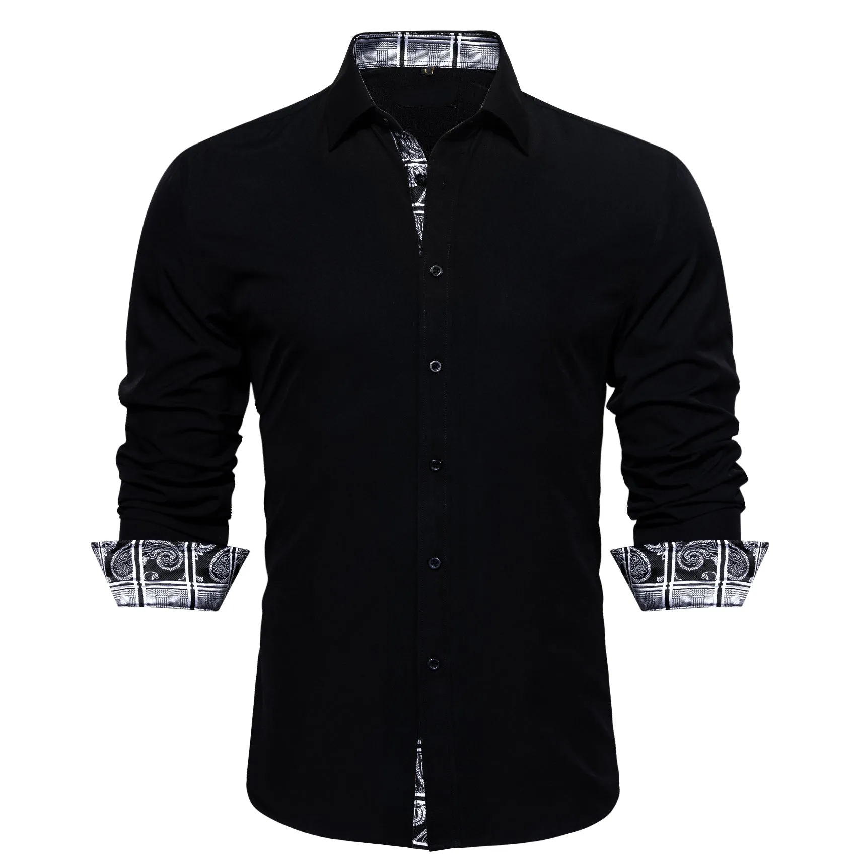 Splicing Style Black with White Plaid Edge Men's Long Sleeve Shirt