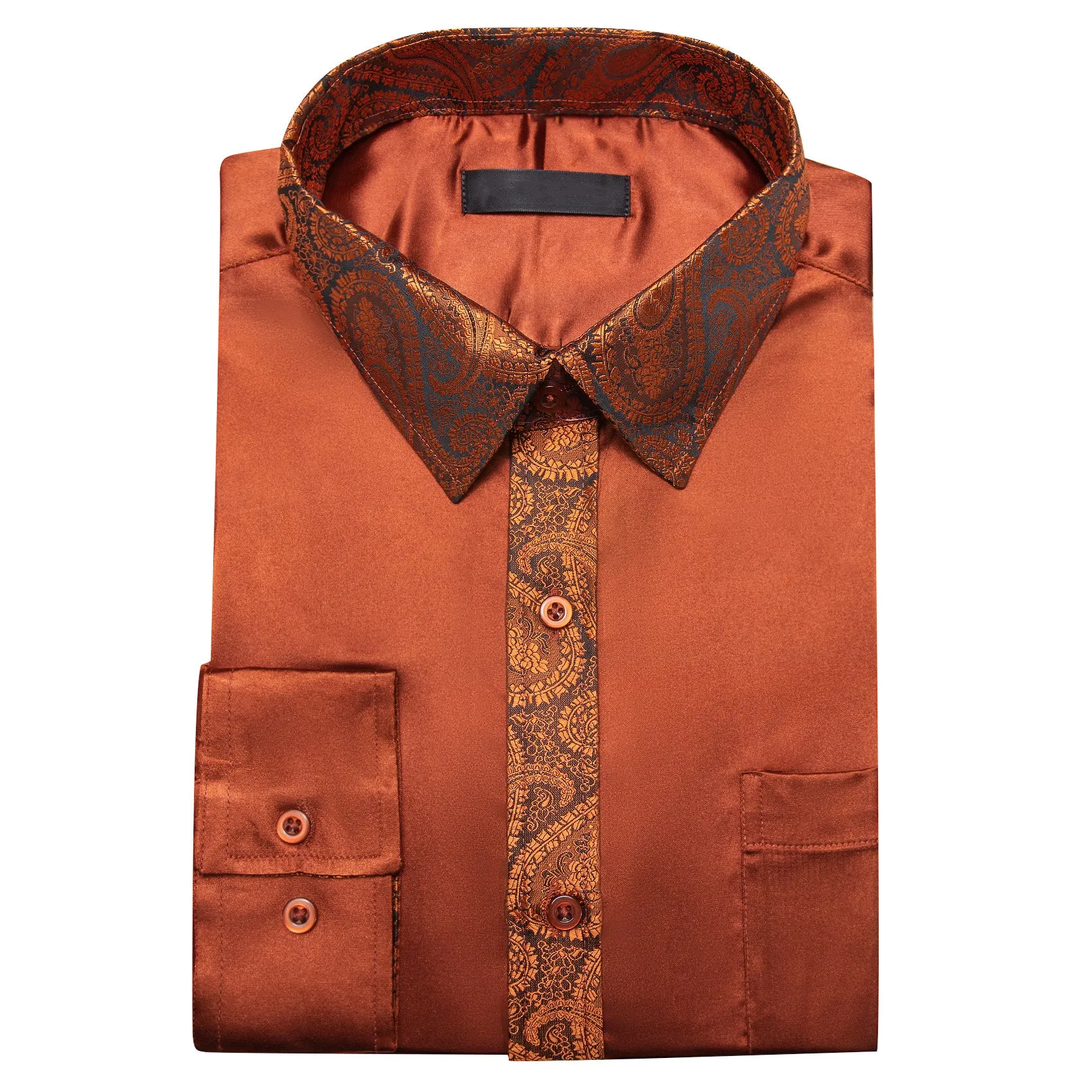 Splicing Style Burnt Orange Solid with Paisley Edge Men's Long Sleeve Shirt