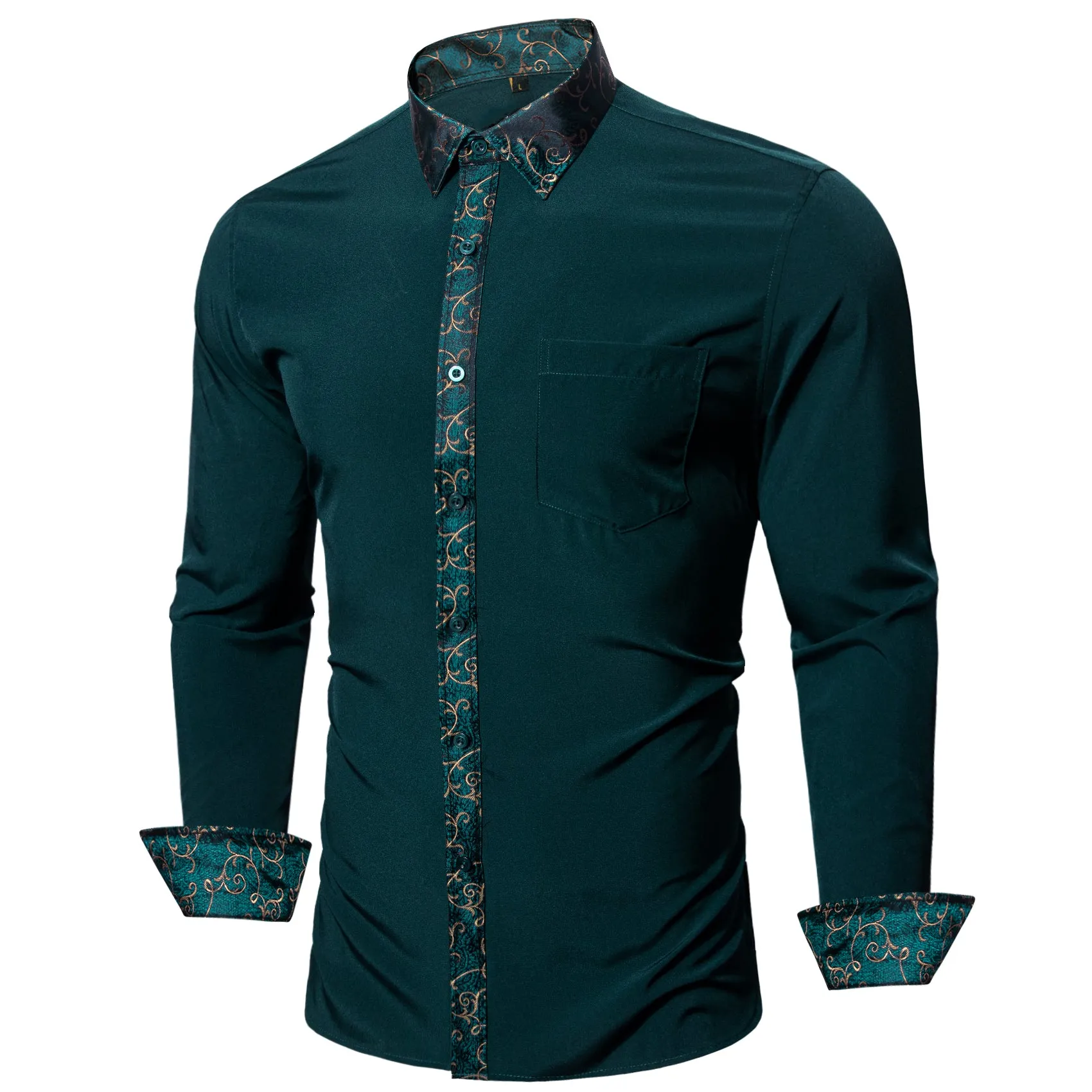 Splicing Style Dark Green with Green Floral Edge Men's Long Sleeve Shirt