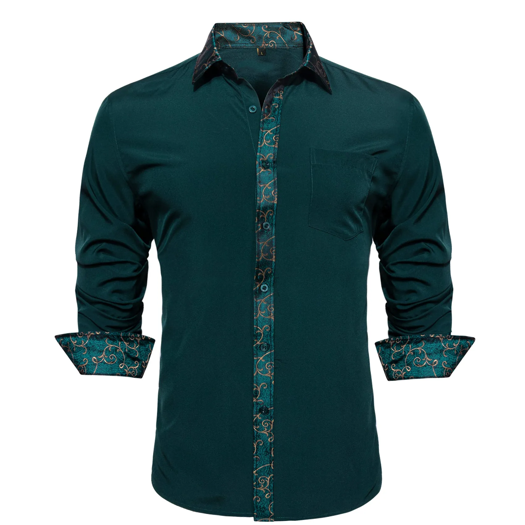 Splicing Style Dark Green with Green Floral Edge Men's Long Sleeve Shirt