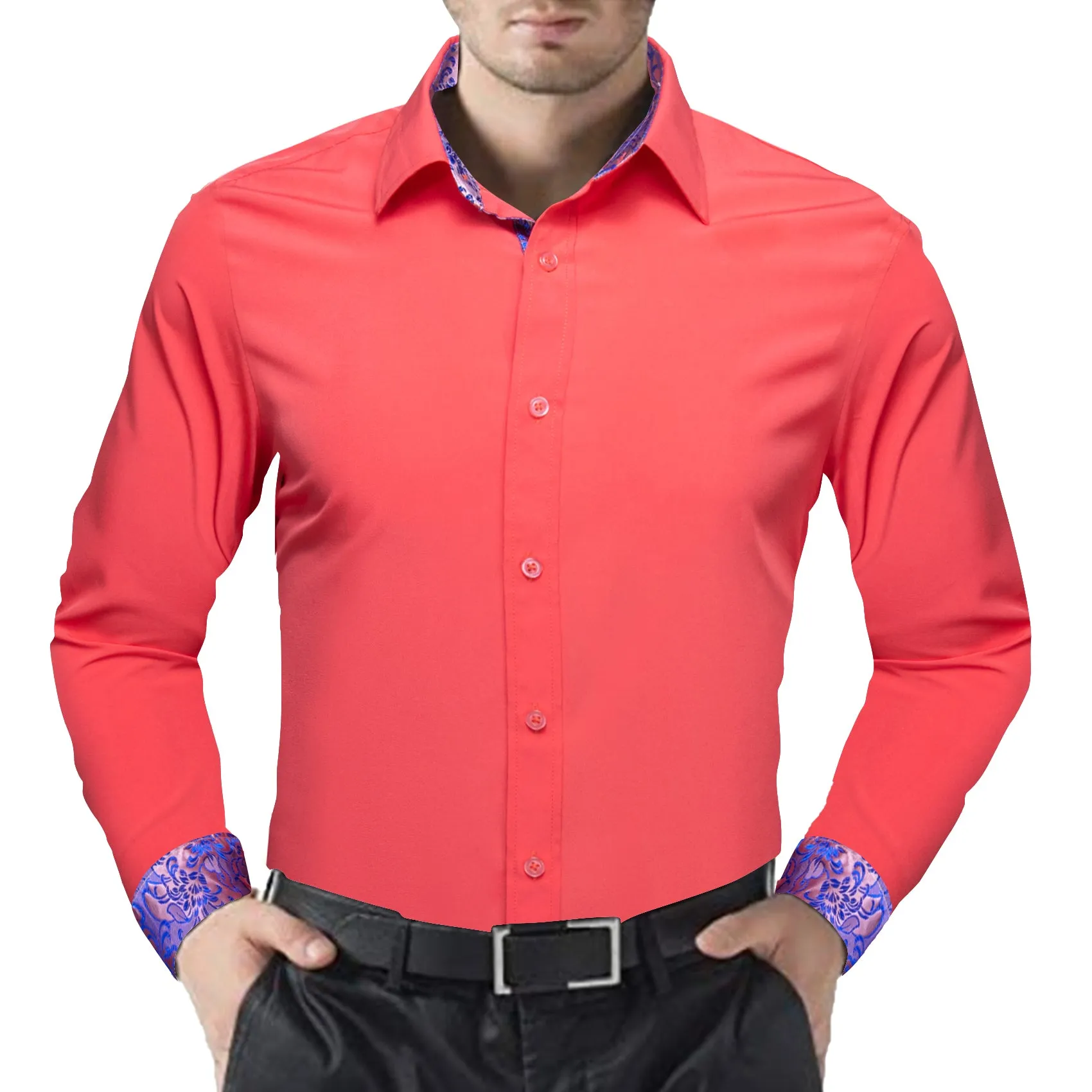 Splicing Style Light Orange with Blue Floral Edge Men's Long Sleeve Shirt