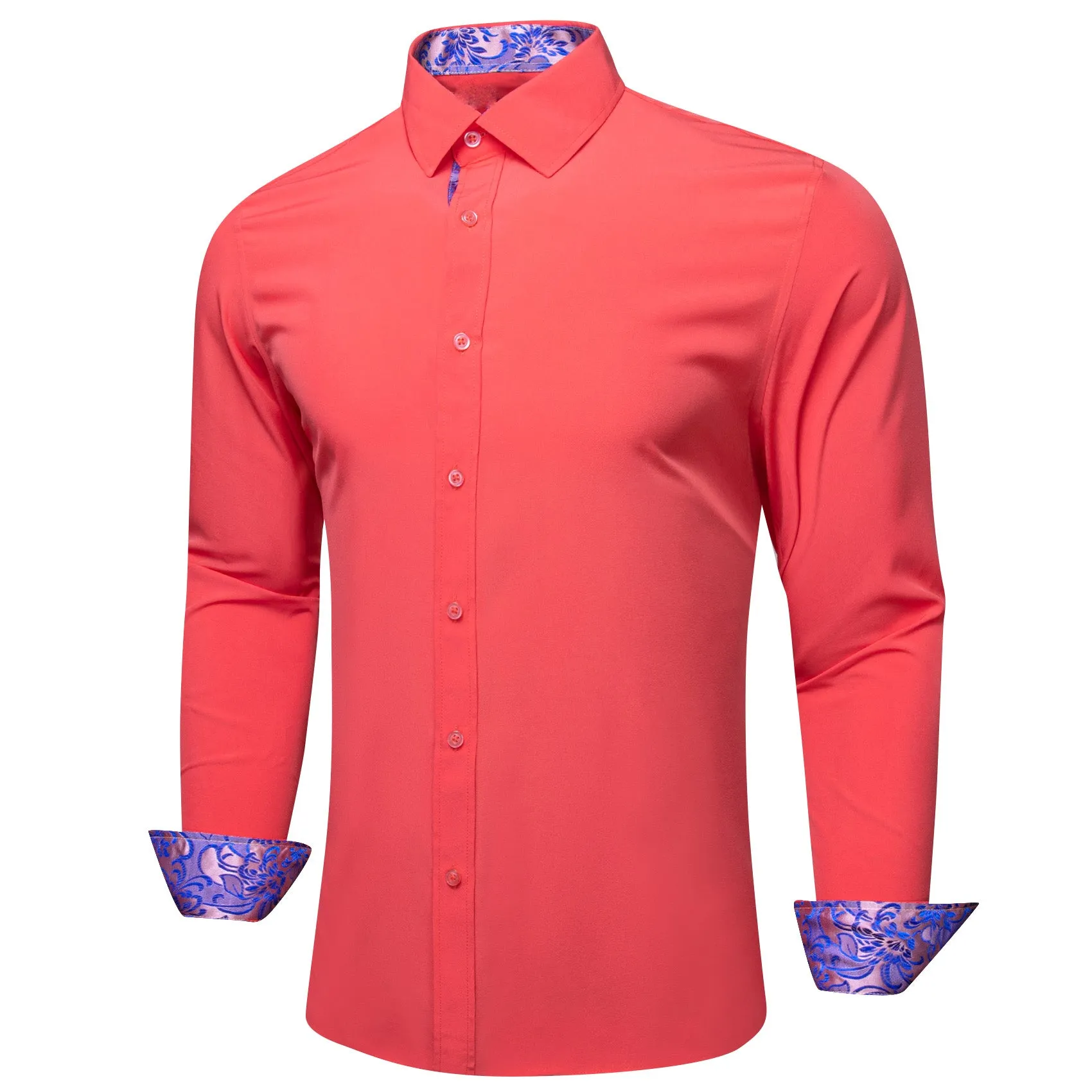 Splicing Style Light Orange with Blue Floral Edge Men's Long Sleeve Shirt