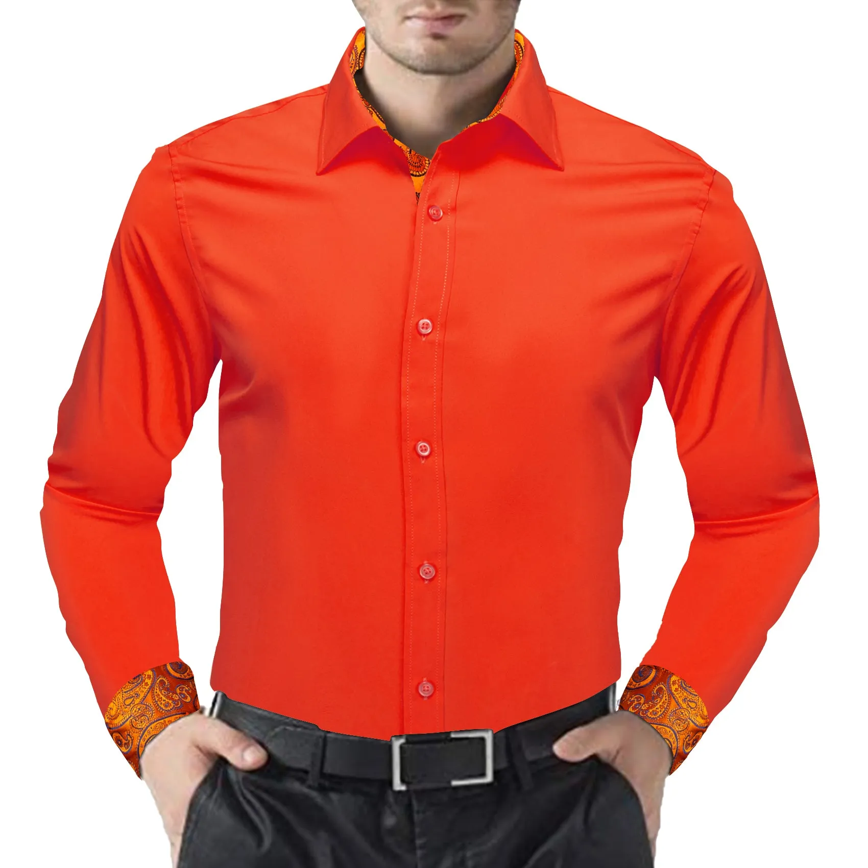 Splicing Style Orange with Blue Orange Paisley Edge Men's Long Sleeve Shirt