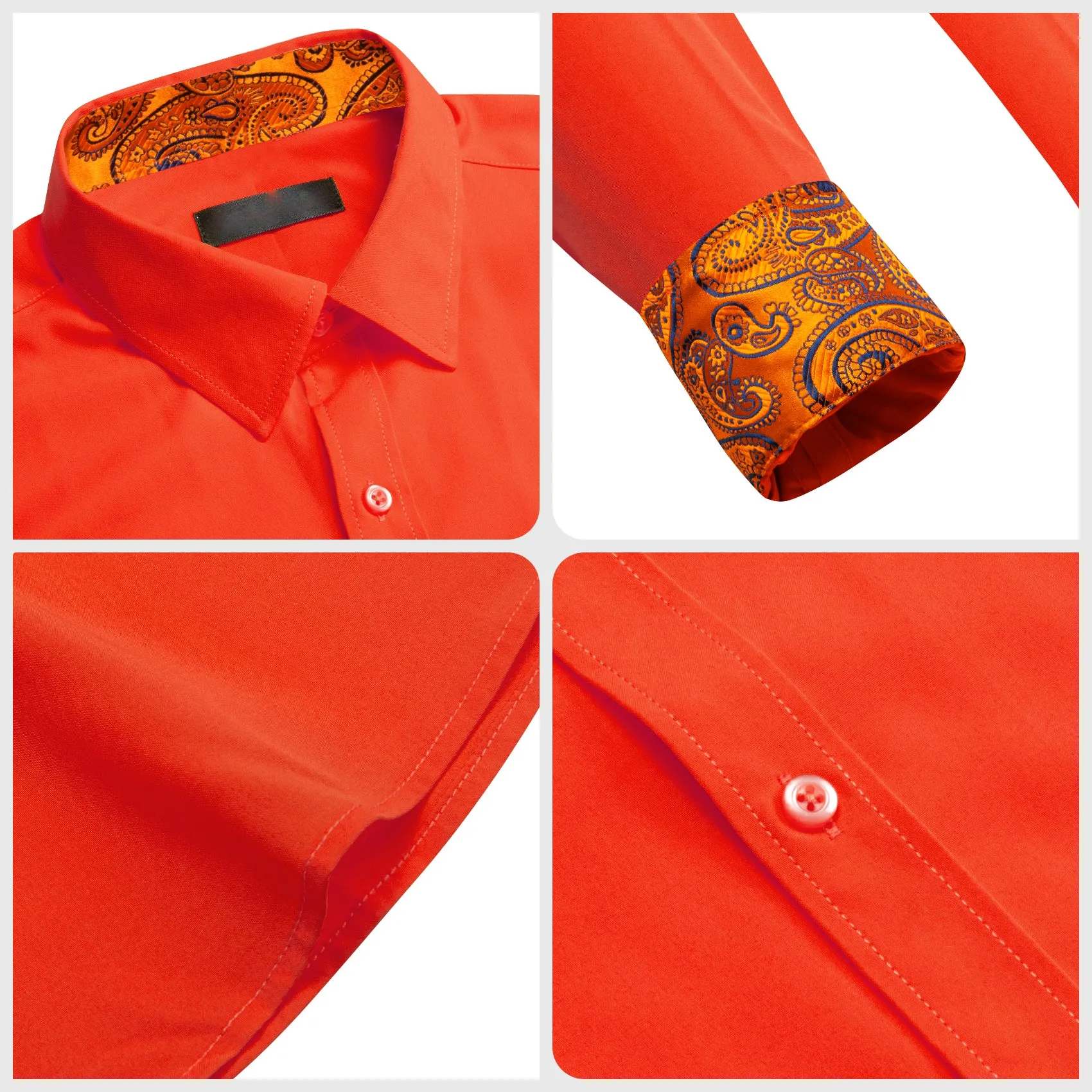 Splicing Style Orange with Blue Orange Paisley Edge Men's Long Sleeve Shirt