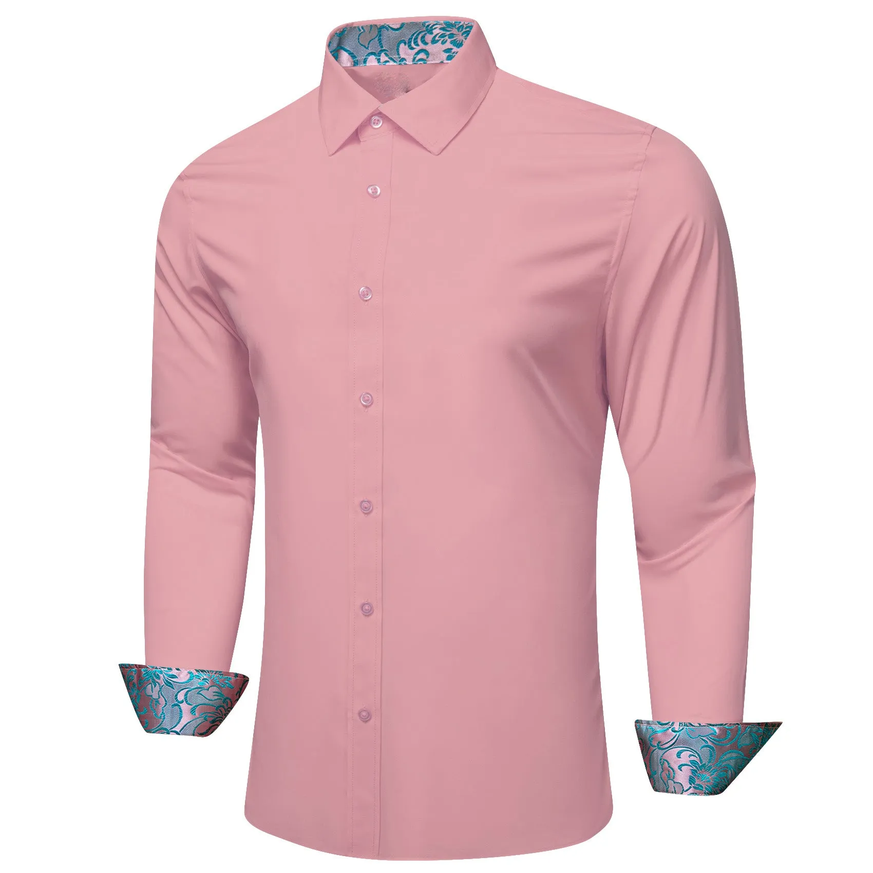 Splicing Style Pink with Aqua Floral Edge Men's Long Sleeve Shirt