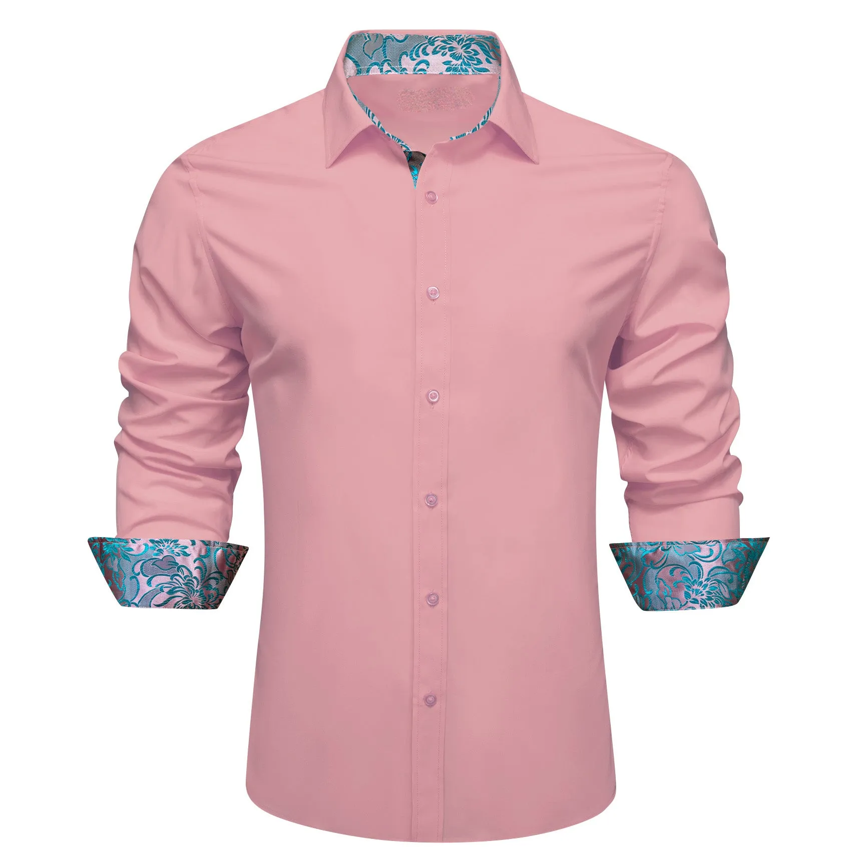 Splicing Style Pink with Aqua Floral Edge Men's Long Sleeve Shirt