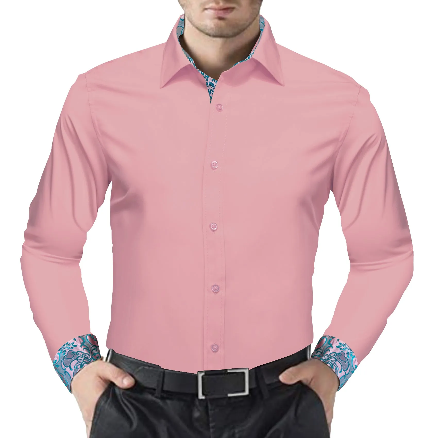 Splicing Style Pink with Aqua Floral Edge Men's Long Sleeve Shirt