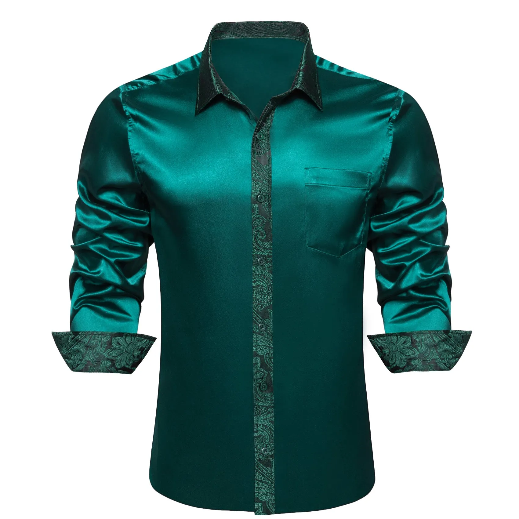 Splicing Style Sapphire Pine Green Solid with Paisley Edge Men's Long Sleeve Shirt