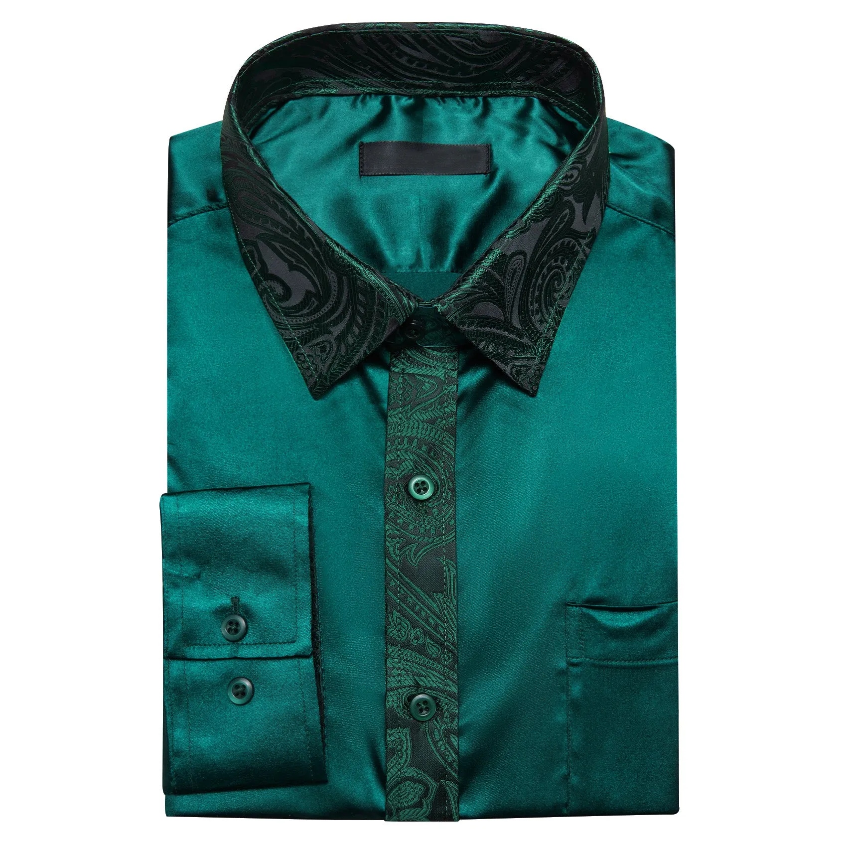 Splicing Style Sapphire Pine Green Solid with Paisley Edge Men's Long Sleeve Shirt