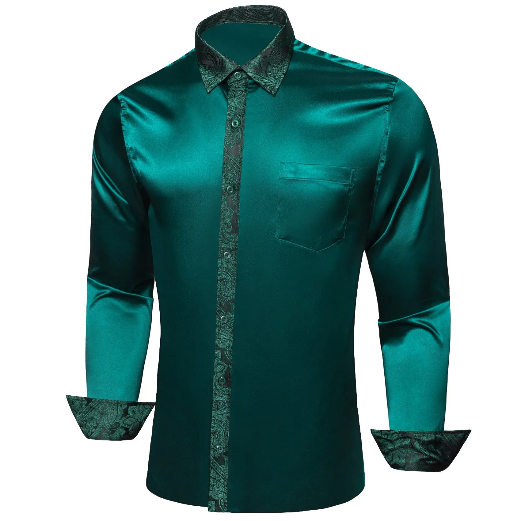 Splicing Style Sapphire Pine Green Solid with Paisley Edge Men's Long Sleeve Shirt