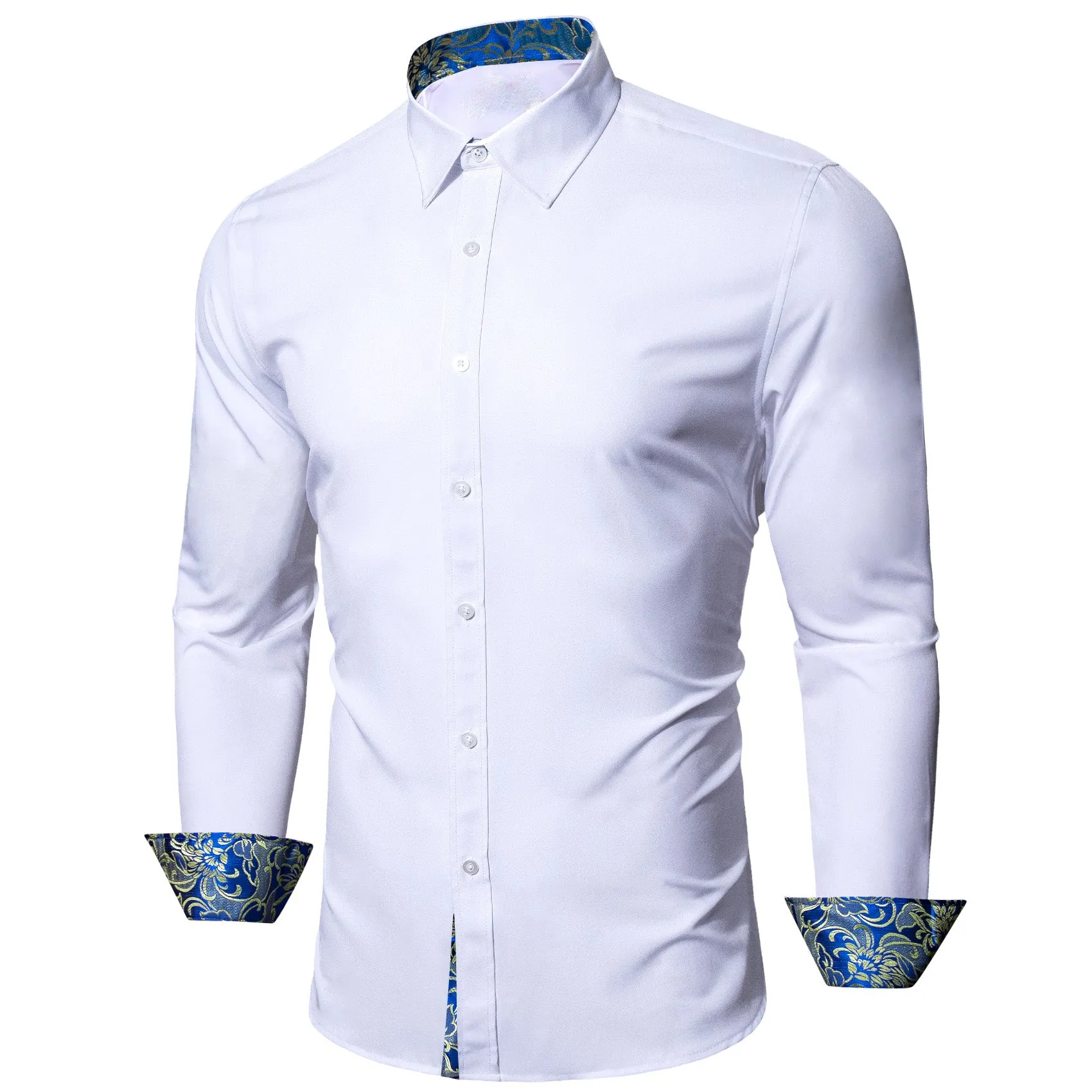 Splicing Style White with Blue Yellow Floral Edge Men's Long Sleeve Shirt