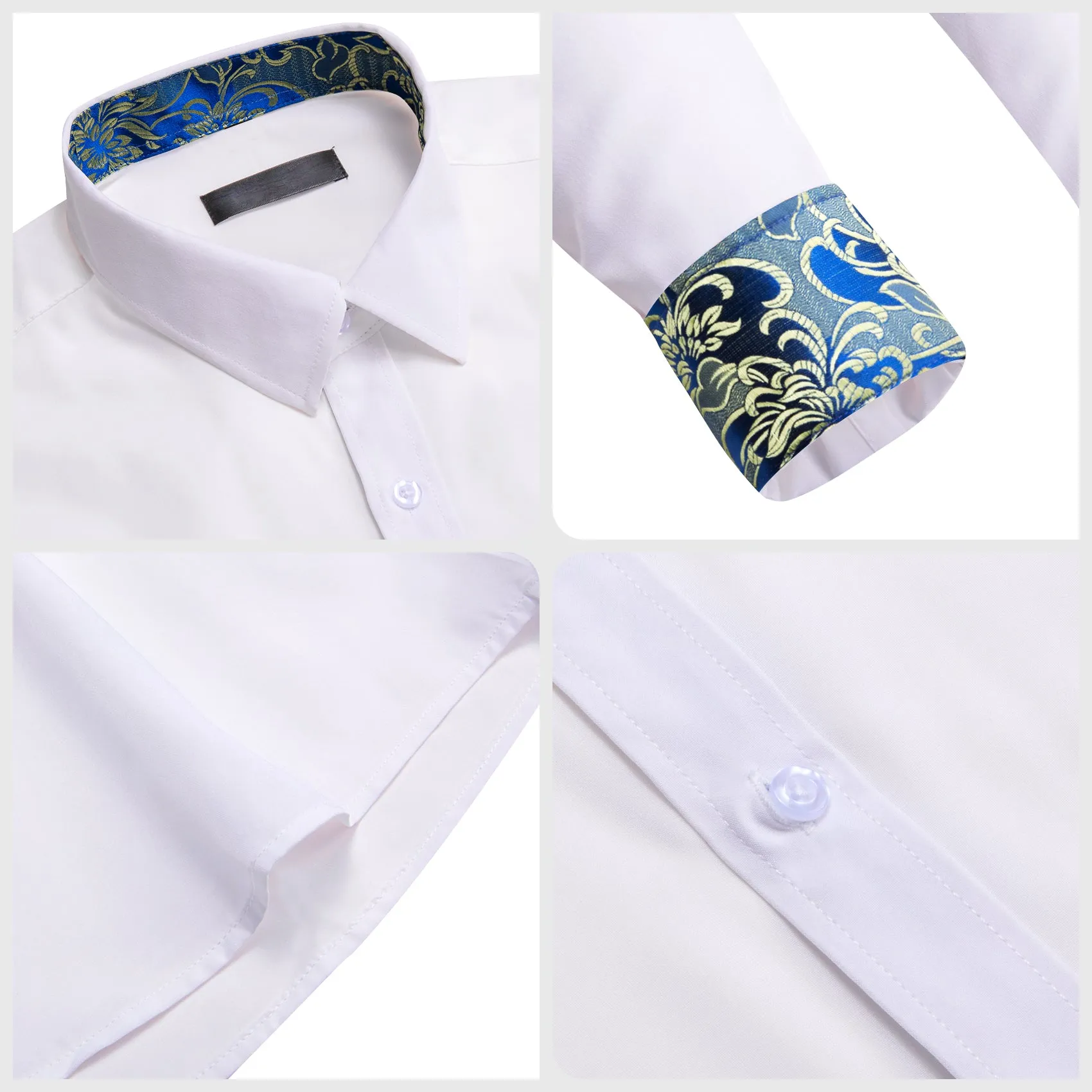 Splicing Style White with Blue Yellow Floral Edge Men's Long Sleeve Shirt