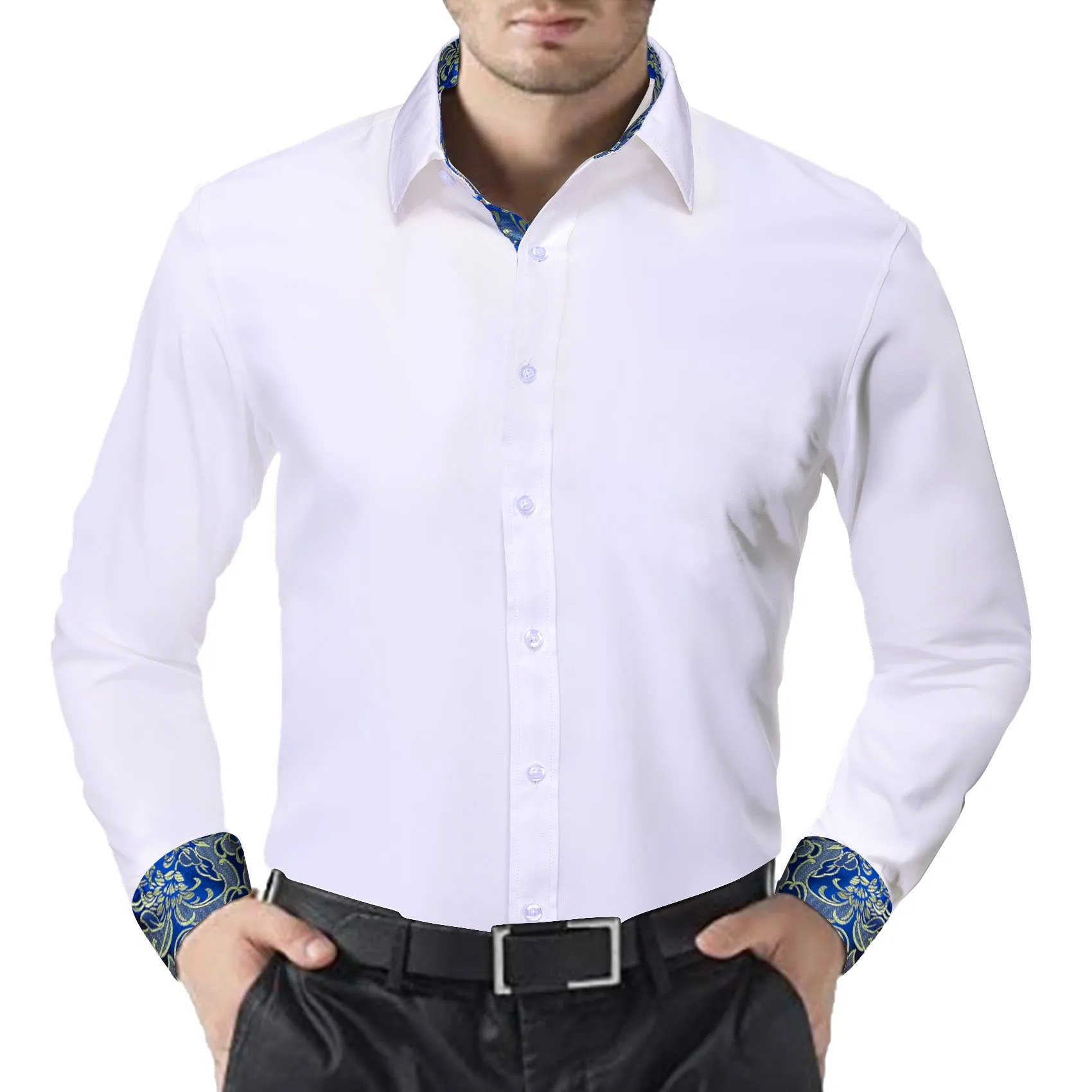 Splicing Style White with Blue Yellow Floral Edge Men's Long Sleeve Shirt