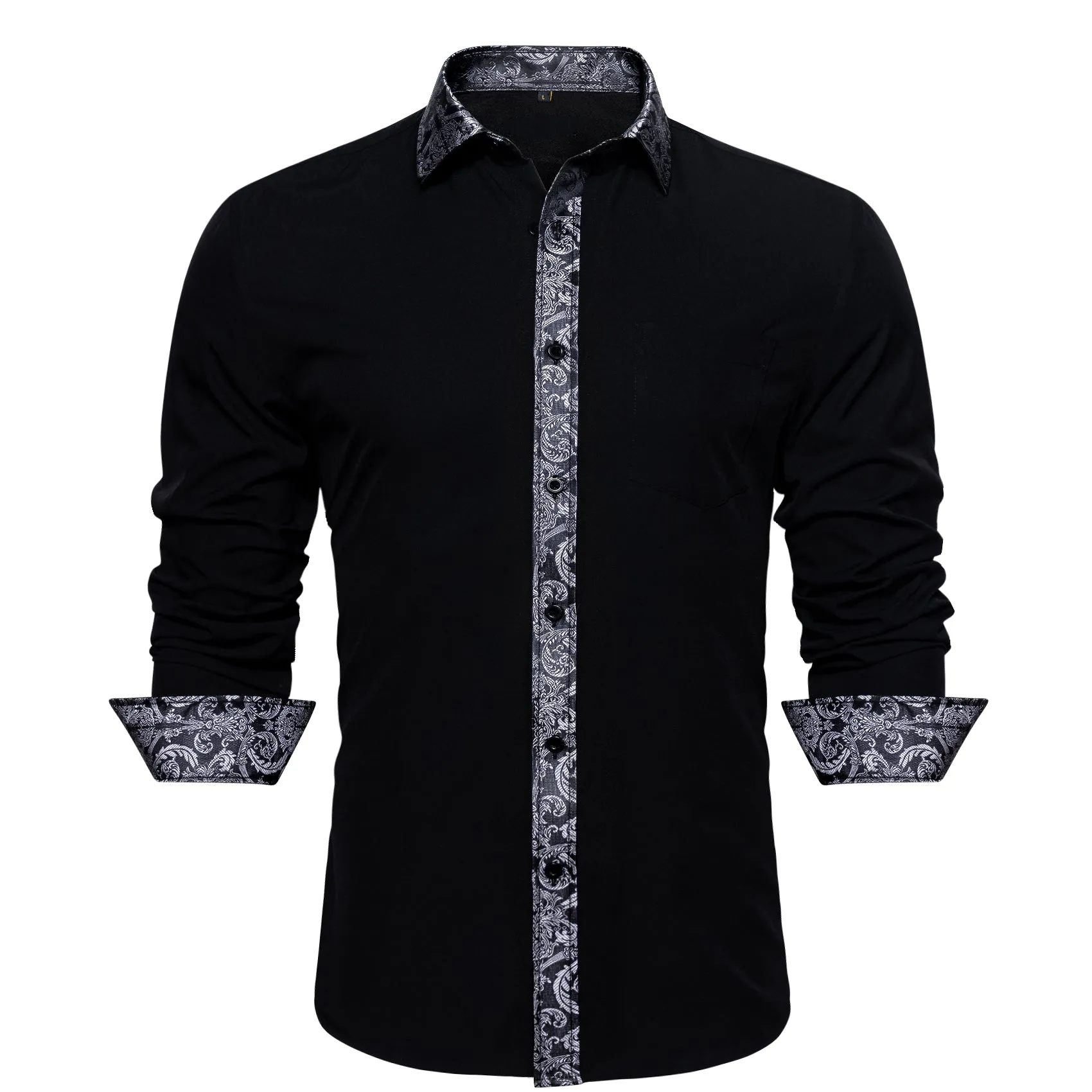 Splicing Style White with White Floral Edge Men's Long Sleeve Shirt