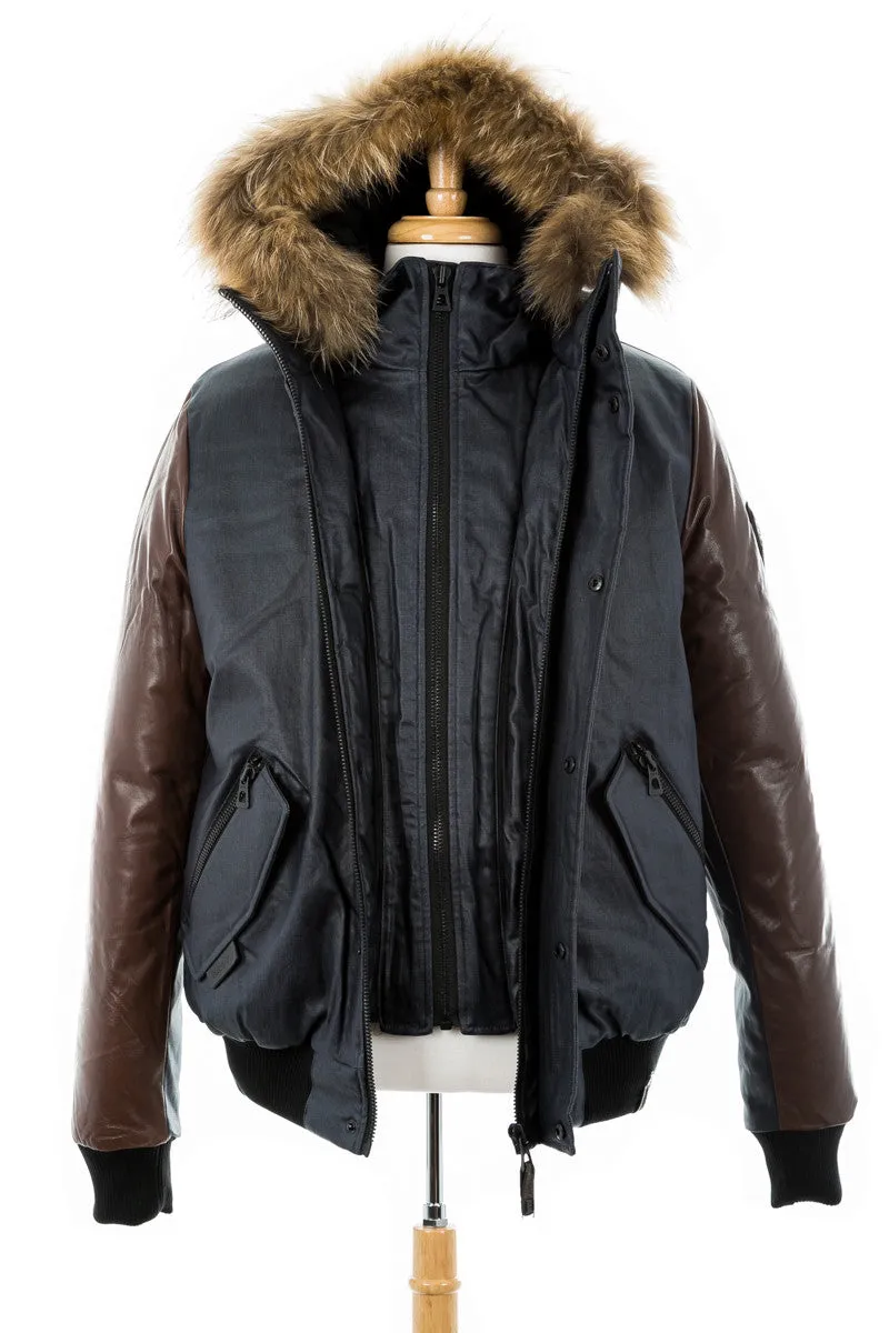 Stephan Leather Sleeved Bomber Jacket With Fur Trim