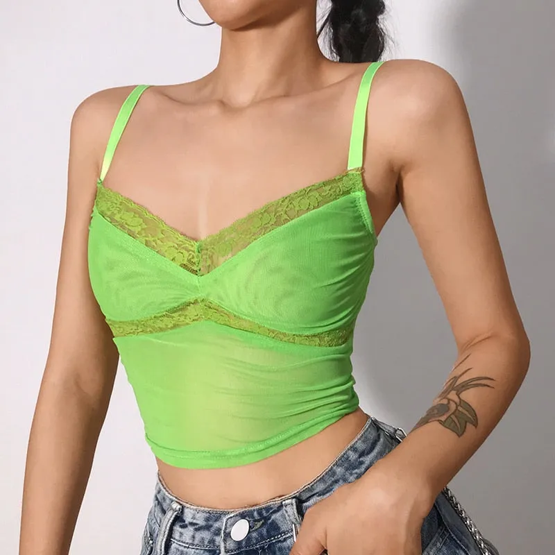 Summer Patchwork Lace Edge Green Mesh Tank Top Sexy Party Clubwear V Neck Rave Crop Top Sleeveless