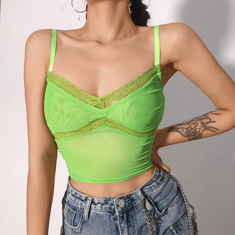 Summer Patchwork Lace Edge Green Mesh Tank Top Sexy Party Clubwear V Neck Rave Crop Top Sleeveless