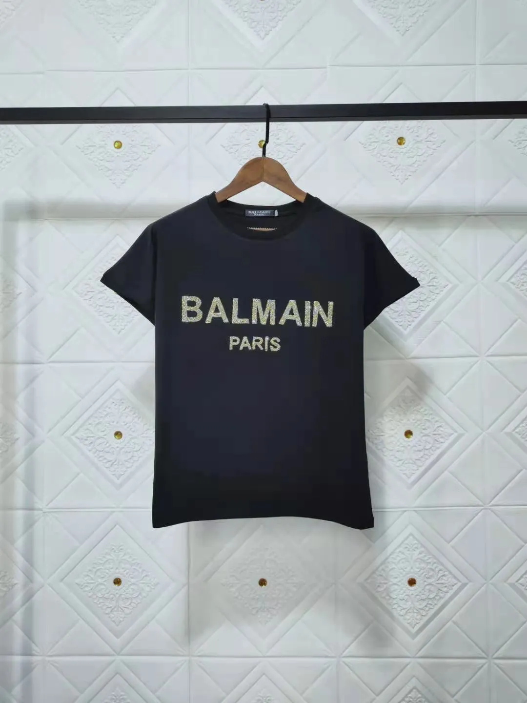 T Shirt Balmain Spring/Summer Heavy Embroidery Hot Drilling Short Sleeve Cotton round Neck Women's T-shirt