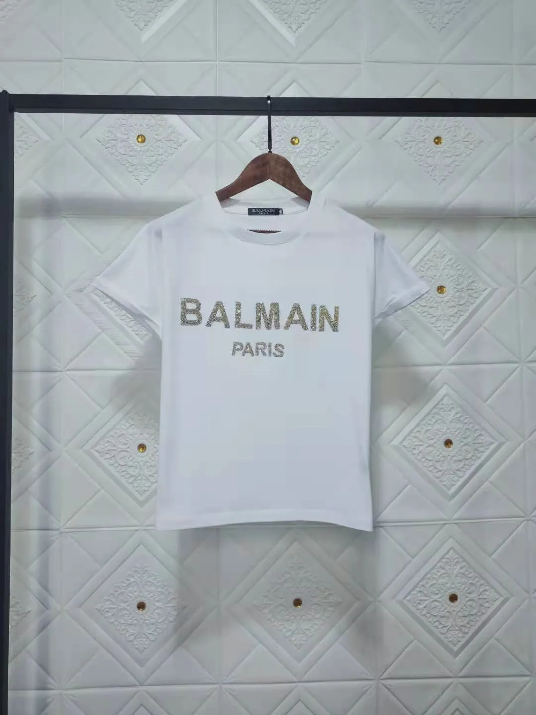 T Shirt Balmain Spring/Summer Heavy Embroidery Hot Drilling Short Sleeve Cotton round Neck Women's T-shirt