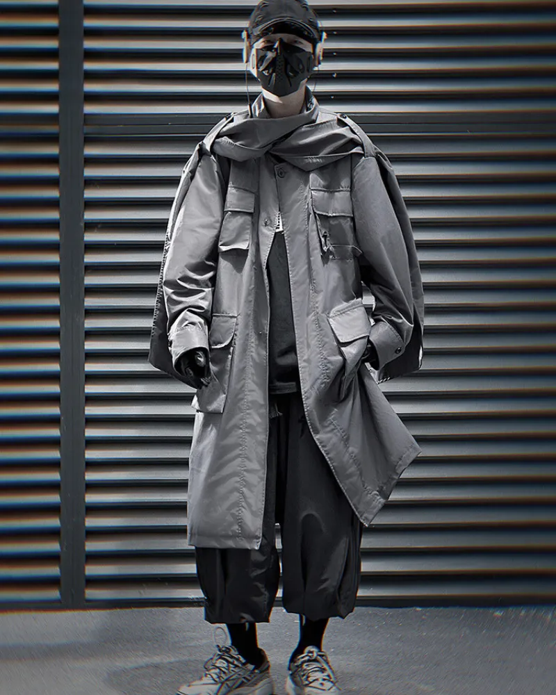 Techwear Functional Multi-Pocket Scarf Long Coat