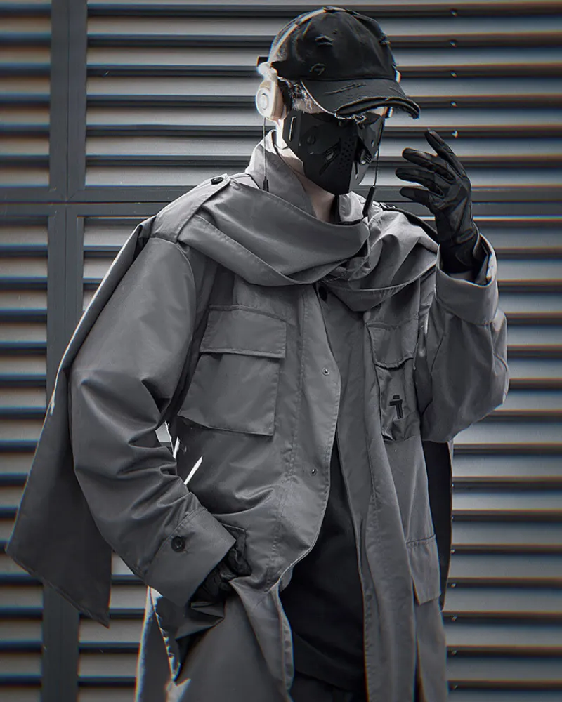 Techwear Functional Multi-Pocket Scarf Long Coat