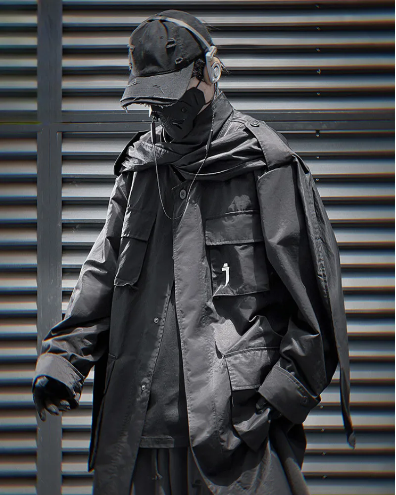 Techwear Functional Multi-Pocket Scarf Long Coat