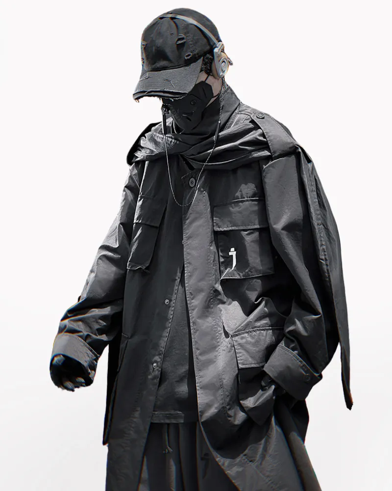 Techwear Functional Multi-Pocket Scarf Long Coat