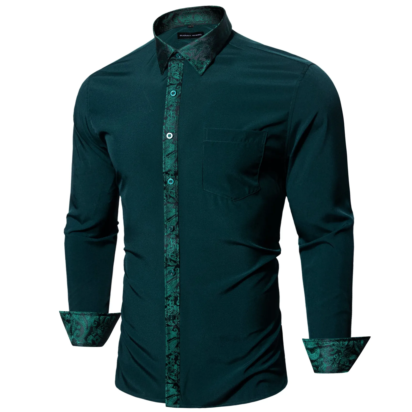 Ties2you Button Down Shirt Splicing Style Dark Green with Green Paisley Edge Men's Long Sleeve Shirt