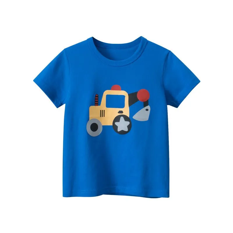 Toddler/Kid Boy's Excavator Print Design Short Sleeve Blue T-shirt