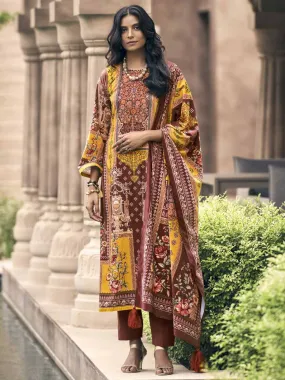 Unstitched Silk Velvet Yellow Pakistani Print Winter Suit