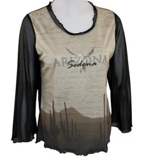 Vine Street Apparel, Brown & Beige Top with 3/4 Sheer Sleeves - Sedona