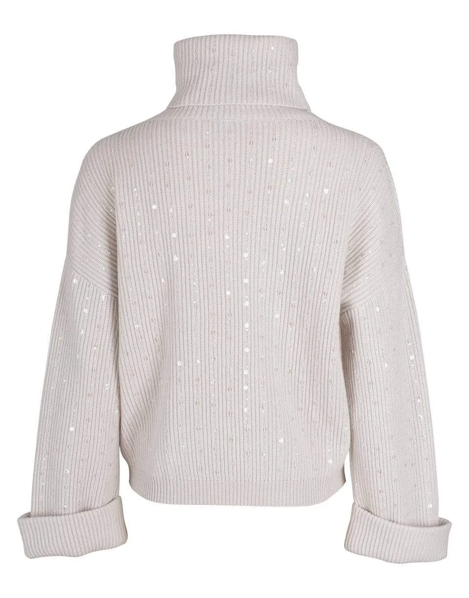 Warm White English Rib and Palilette Turtleneck