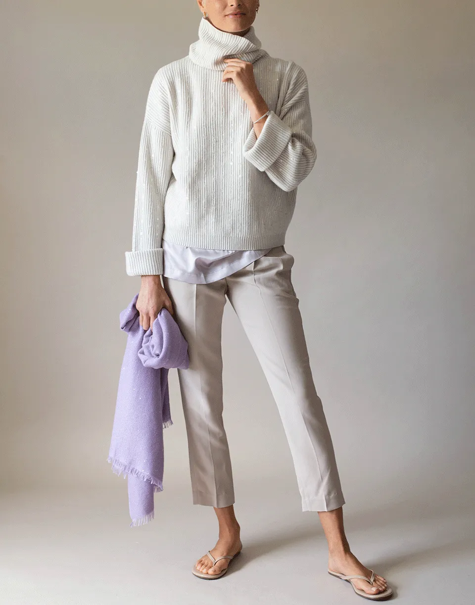 Warm White English Rib and Palilette Turtleneck