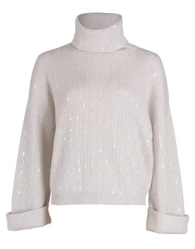 Warm White English Rib and Palilette Turtleneck