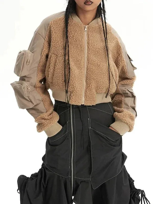 Wenkouban-Winter outfits Christmas Khaki Short Fuzzy Zipper Sleeve Pocket Jacket