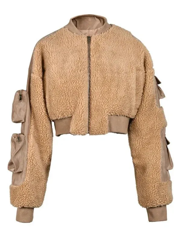 Wenkouban-Winter outfits Christmas Khaki Short Fuzzy Zipper Sleeve Pocket Jacket