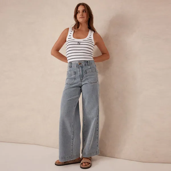 Wide Leg Front Pocket Jean - Vintage Blue