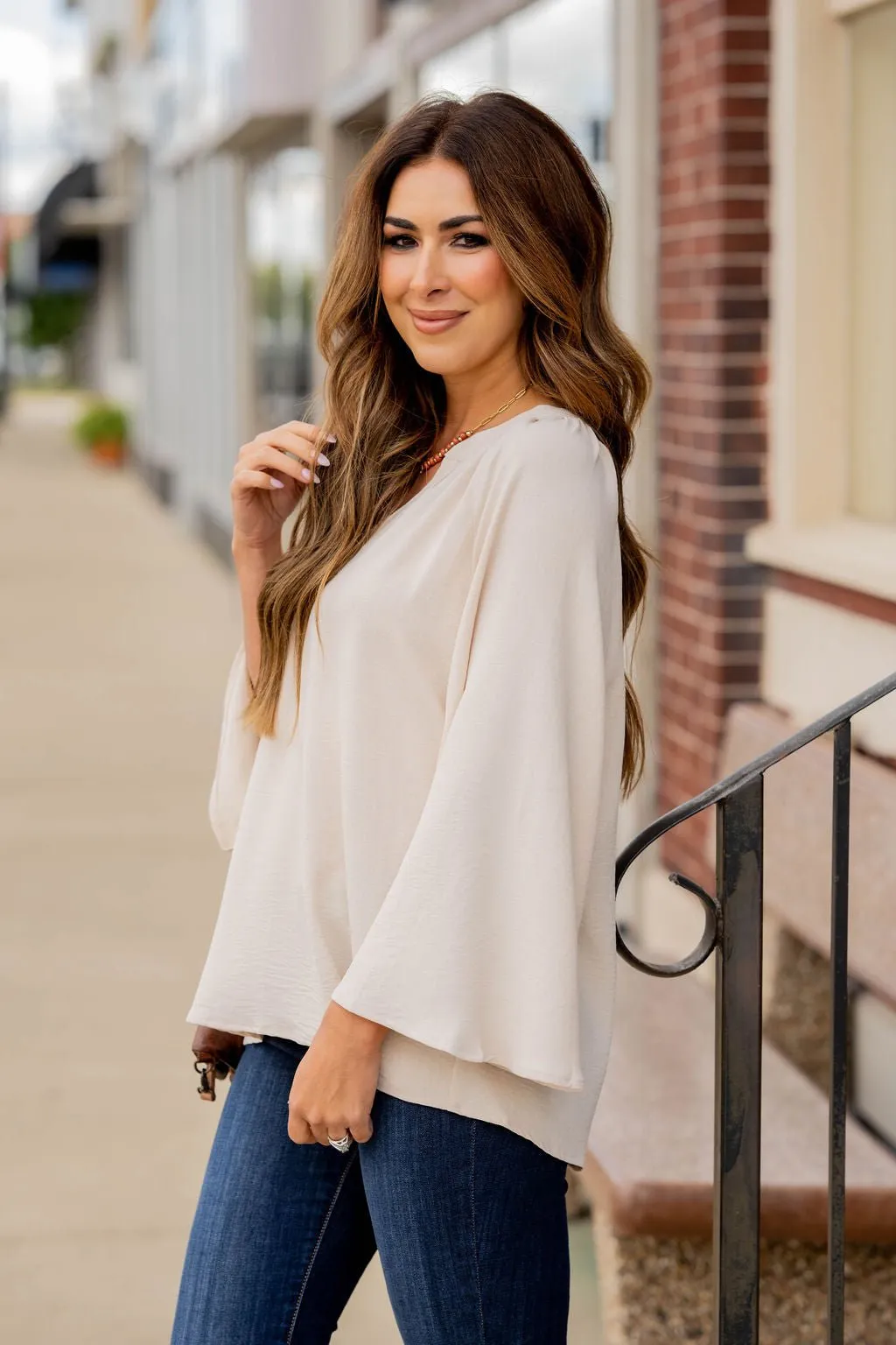 Wide Sleeve V-Neck Blouse