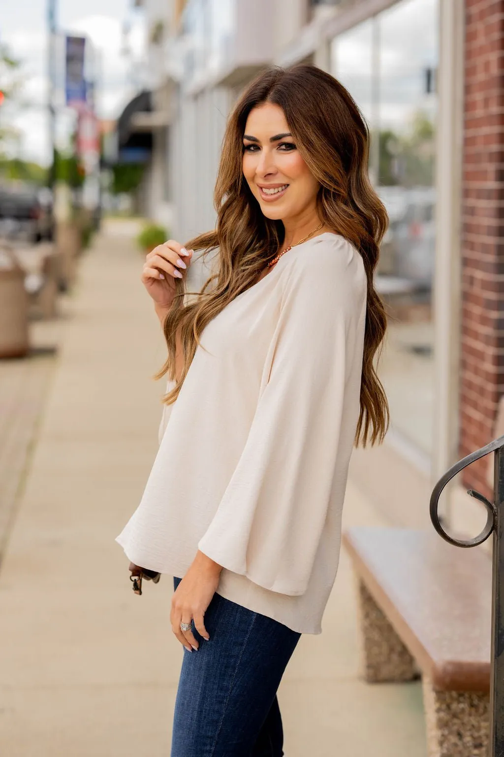 Wide Sleeve V-Neck Blouse