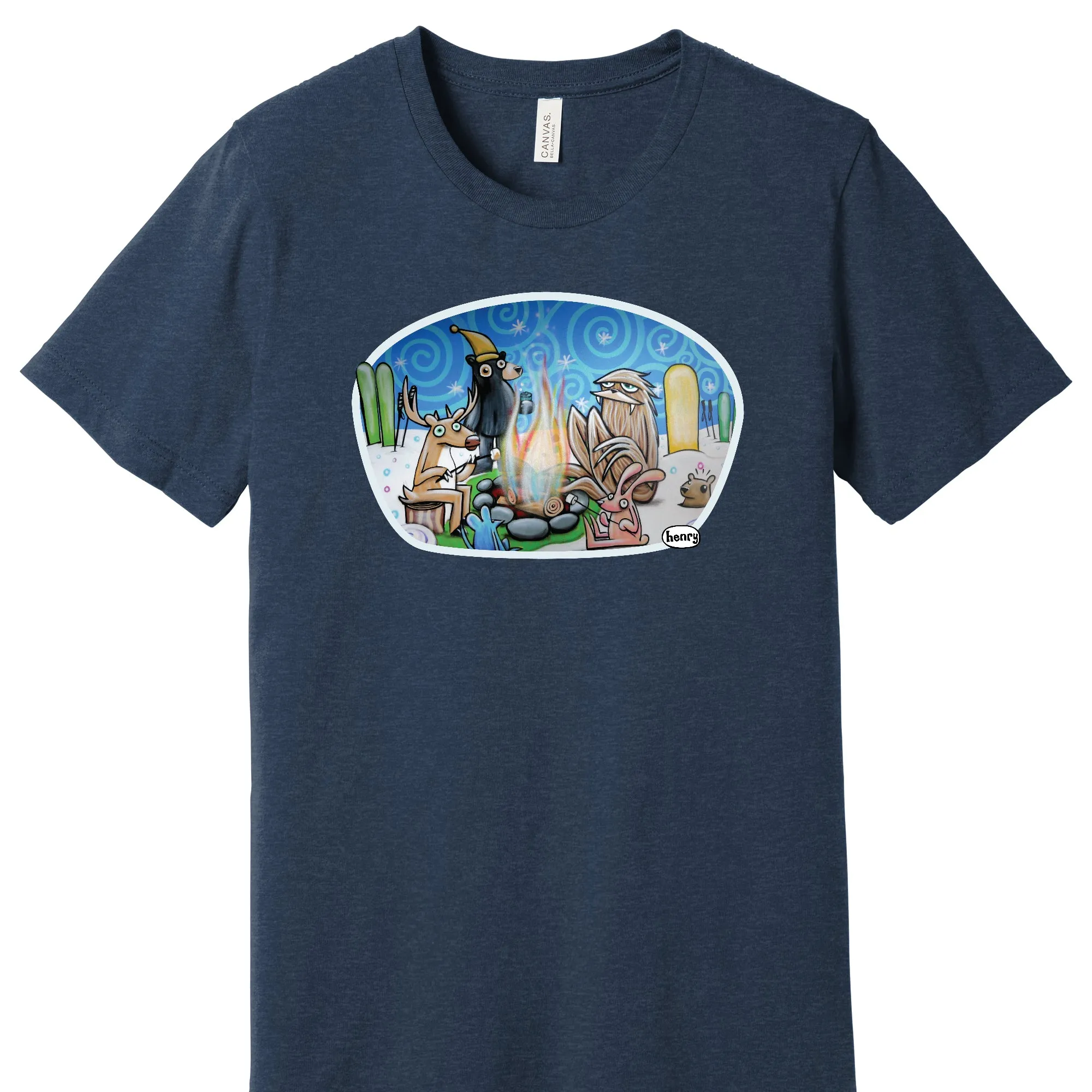 Winter Bonfire Heathered Navy Unisex T-Shirt | Wearable Art by Seattle Mural Artist Ryan "Henry" Ward