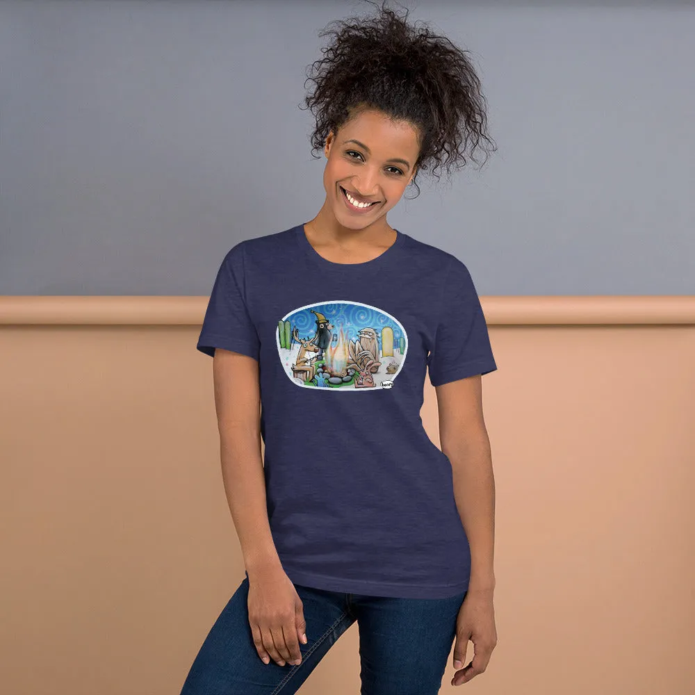 Winter Bonfire Heathered Navy Unisex T-Shirt | Wearable Art by Seattle Mural Artist Ryan "Henry" Ward