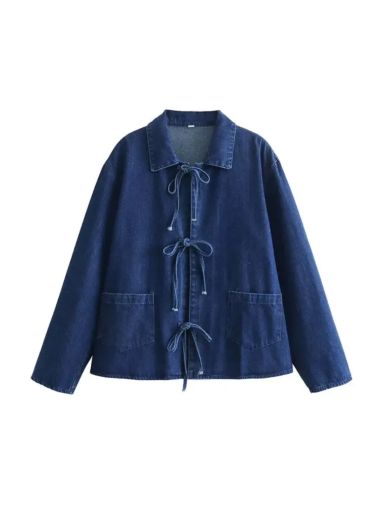 Women Fashion Lapel Collar Lace Up Blouses Female Casual Long Sleeves With Pockets Solid Denim Outerwear