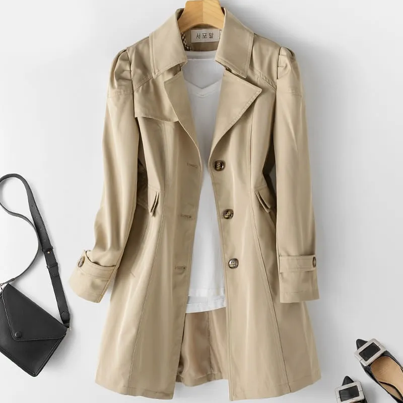 Women Trench Coat Solid Pocket Single-Breasted Mid Long Casual Jacket