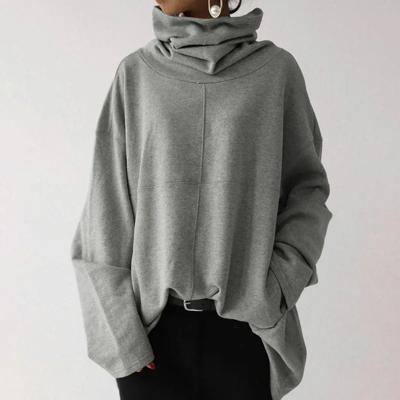 Women winter autumn turtleneck pockets pullover plain sweatshirt